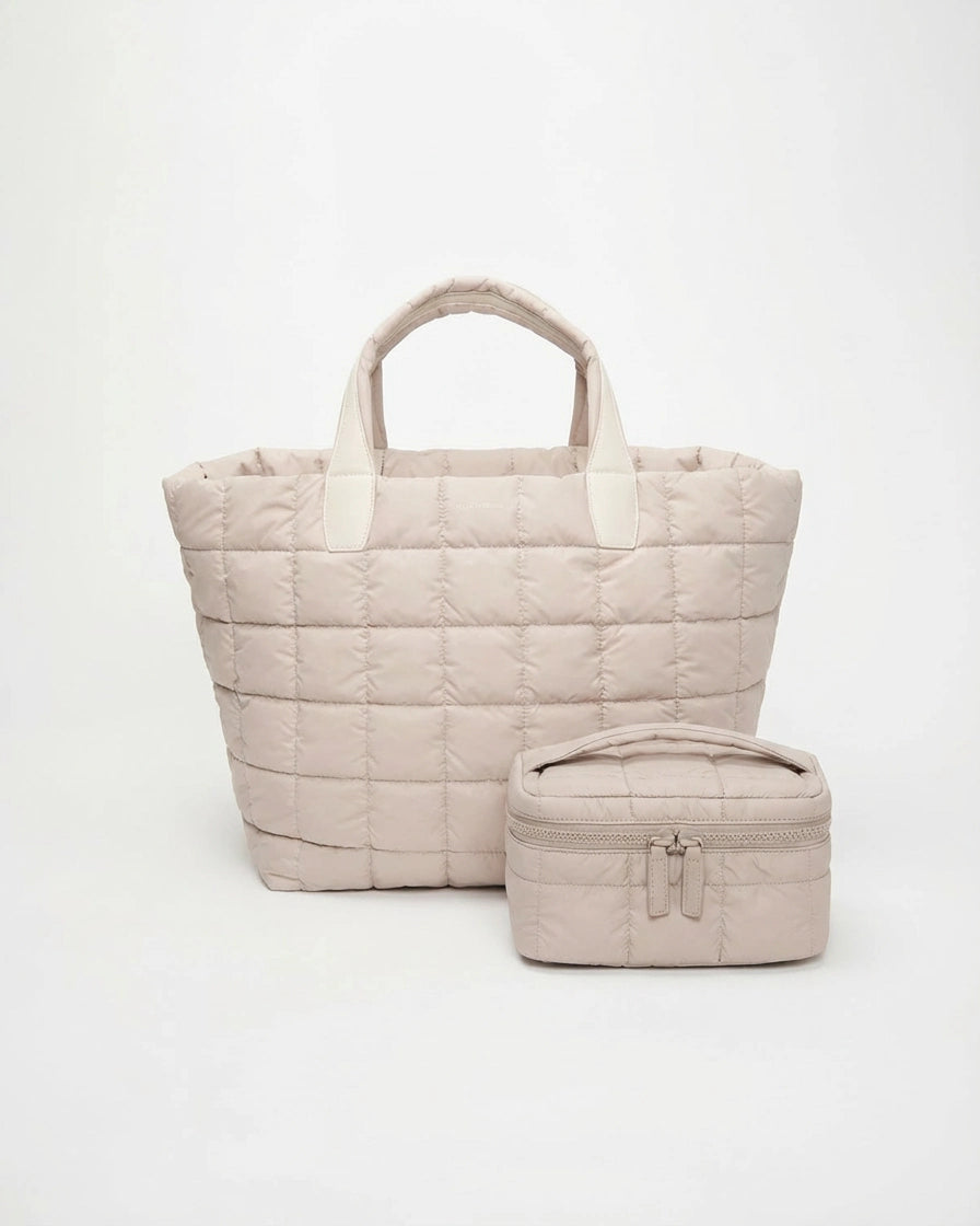 Neutral quilted tote with matching small zip pouch from The Weekend Away Set.