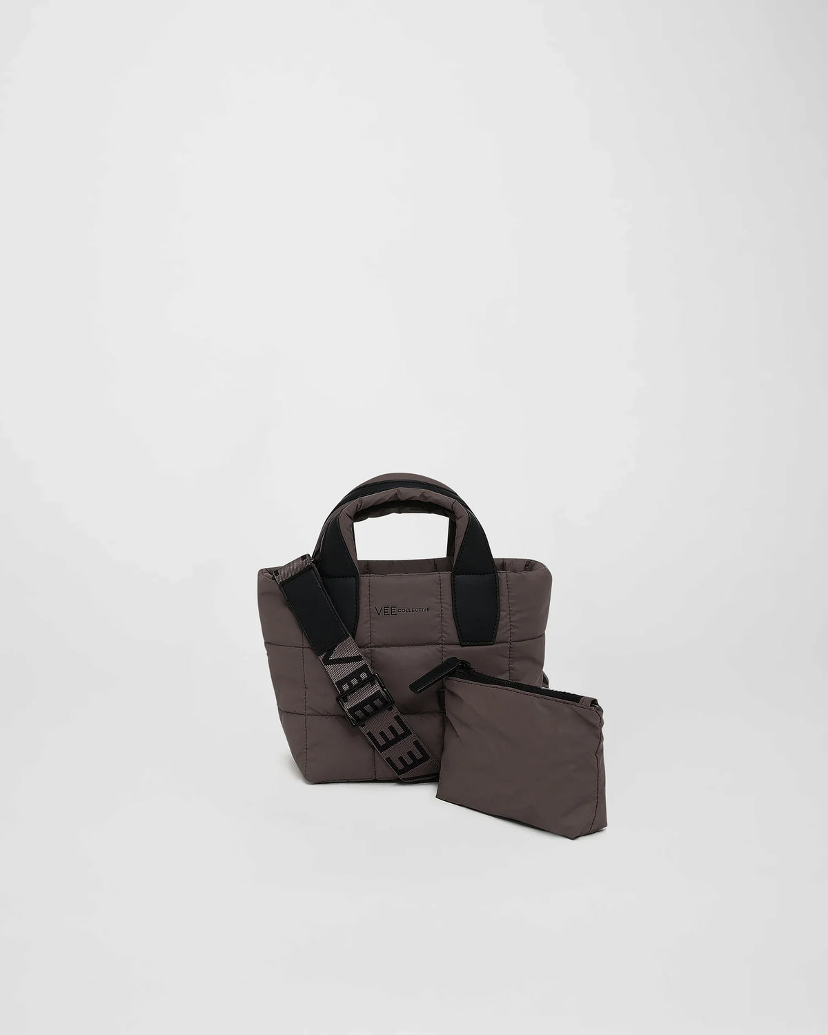 A picture featuring a Porter Tote Bag small in mink with a matching shoulder strap, shown next to a matching zippered pouch on a white background.