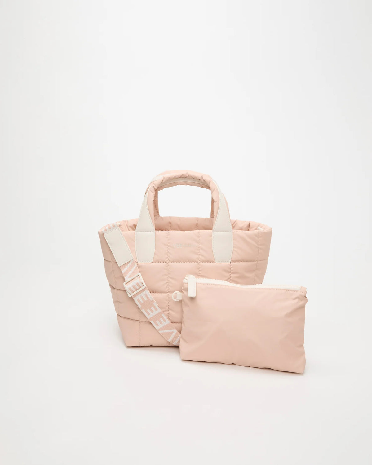 Front view of the Porter Tote Bag Small in Cameo Rose, shown with its matching pouch and detachable strap.