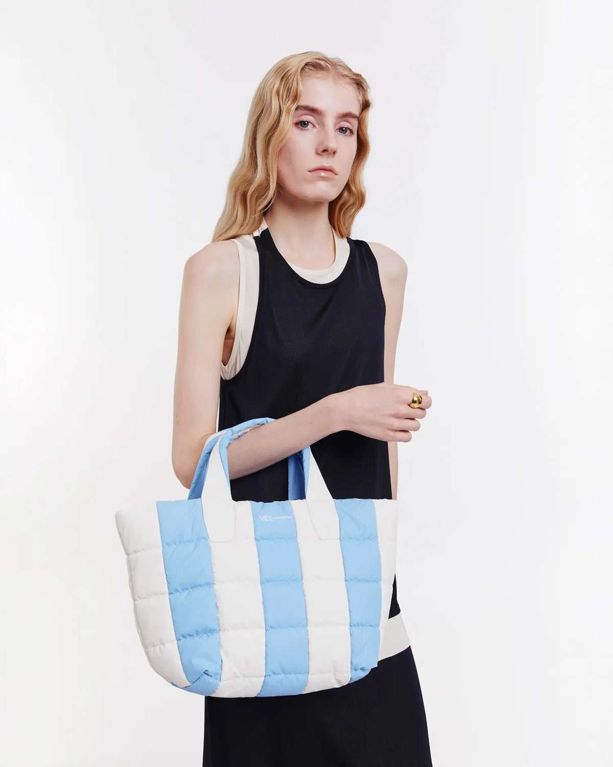 Porter Tote Small Cerulean Marshmallow Stripes On Body