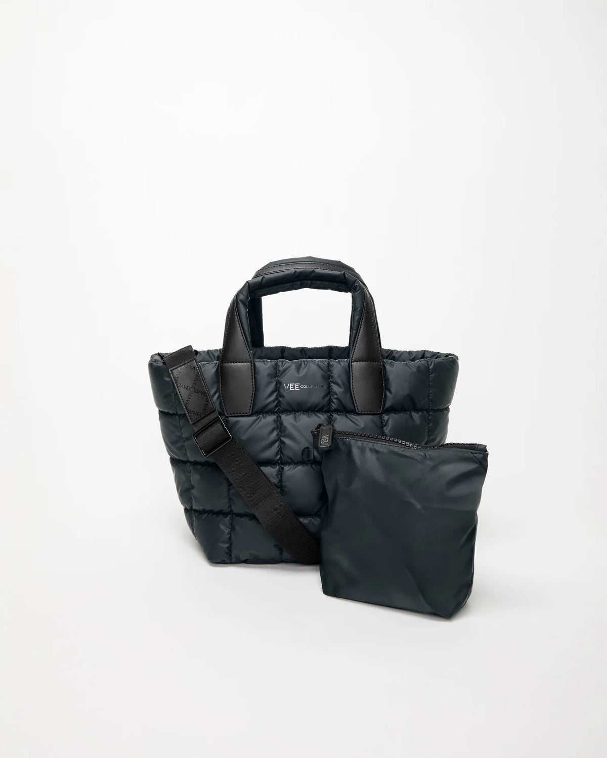 Front view of the Porter Tote Bag Small in Dark Navy, shown with its matching pouch and detachable strap.
