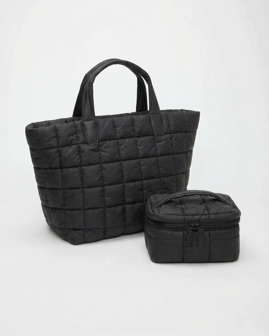 Black quilted tote with a matching compact zip pouch from the Weekend Away Set
