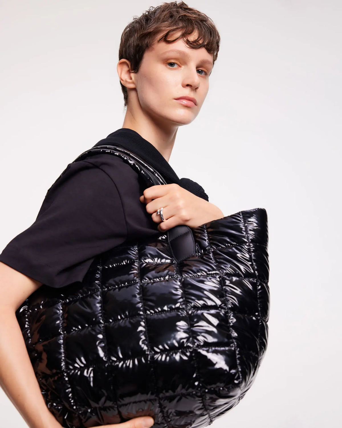 Porter Tote Medium | Black Vinyl Medium Tote Bags | VEE