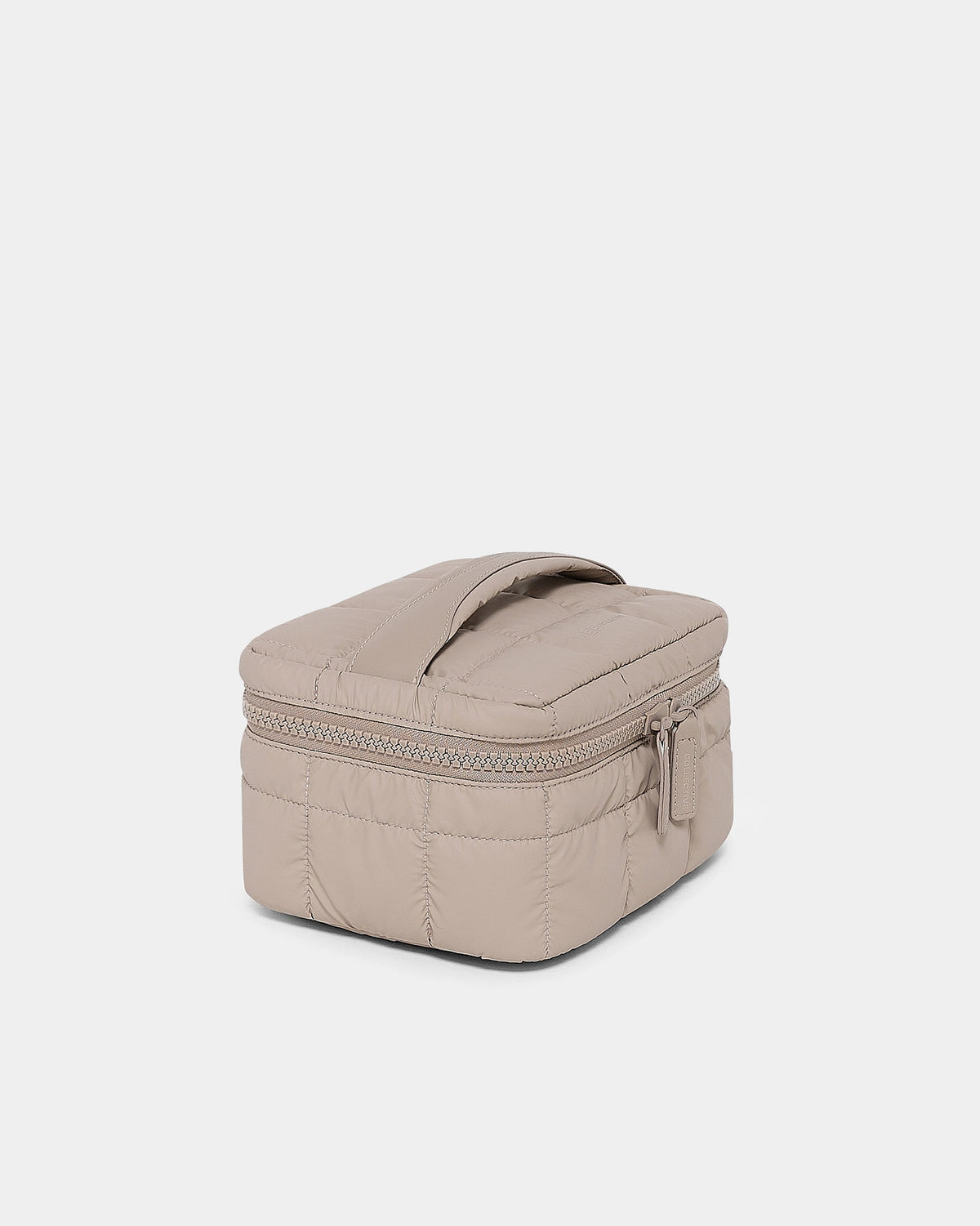 The Organizer Duo in Neutral beige quilted bag side view with top handle and large zipper