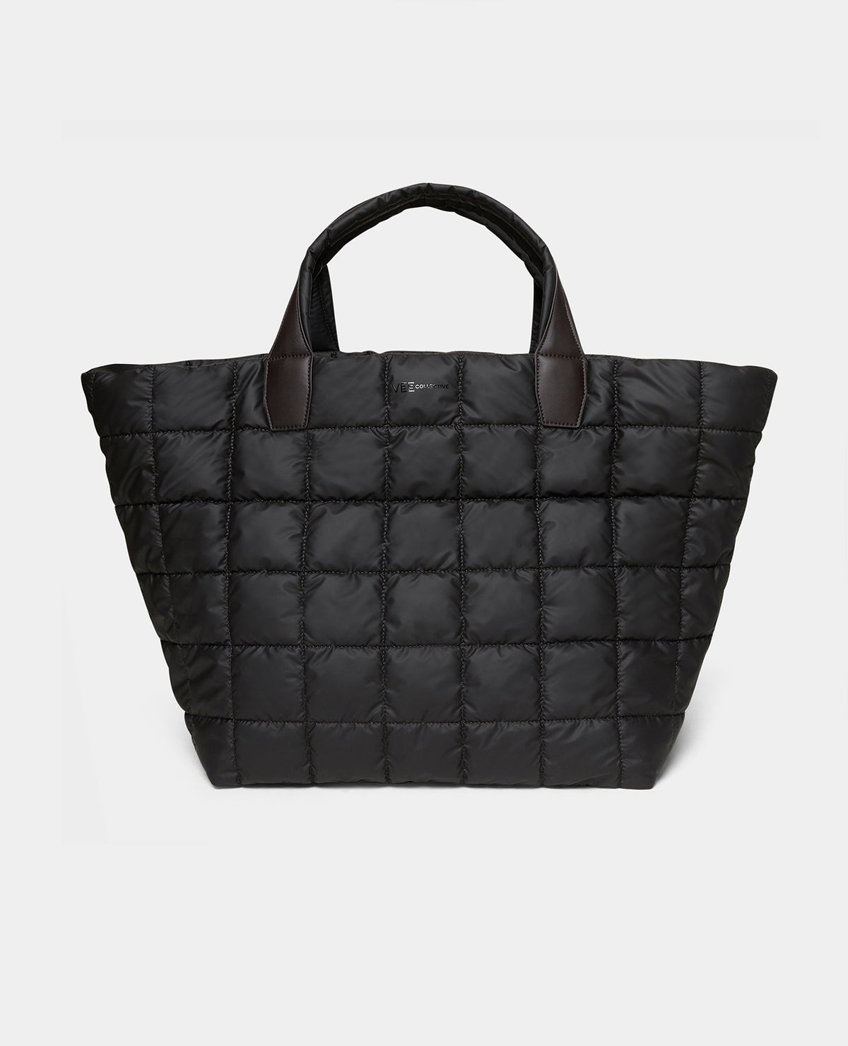 The Porter Weekender bag espresso quilted puffer tote bag with dark brown leather handles, shown against a white background.
