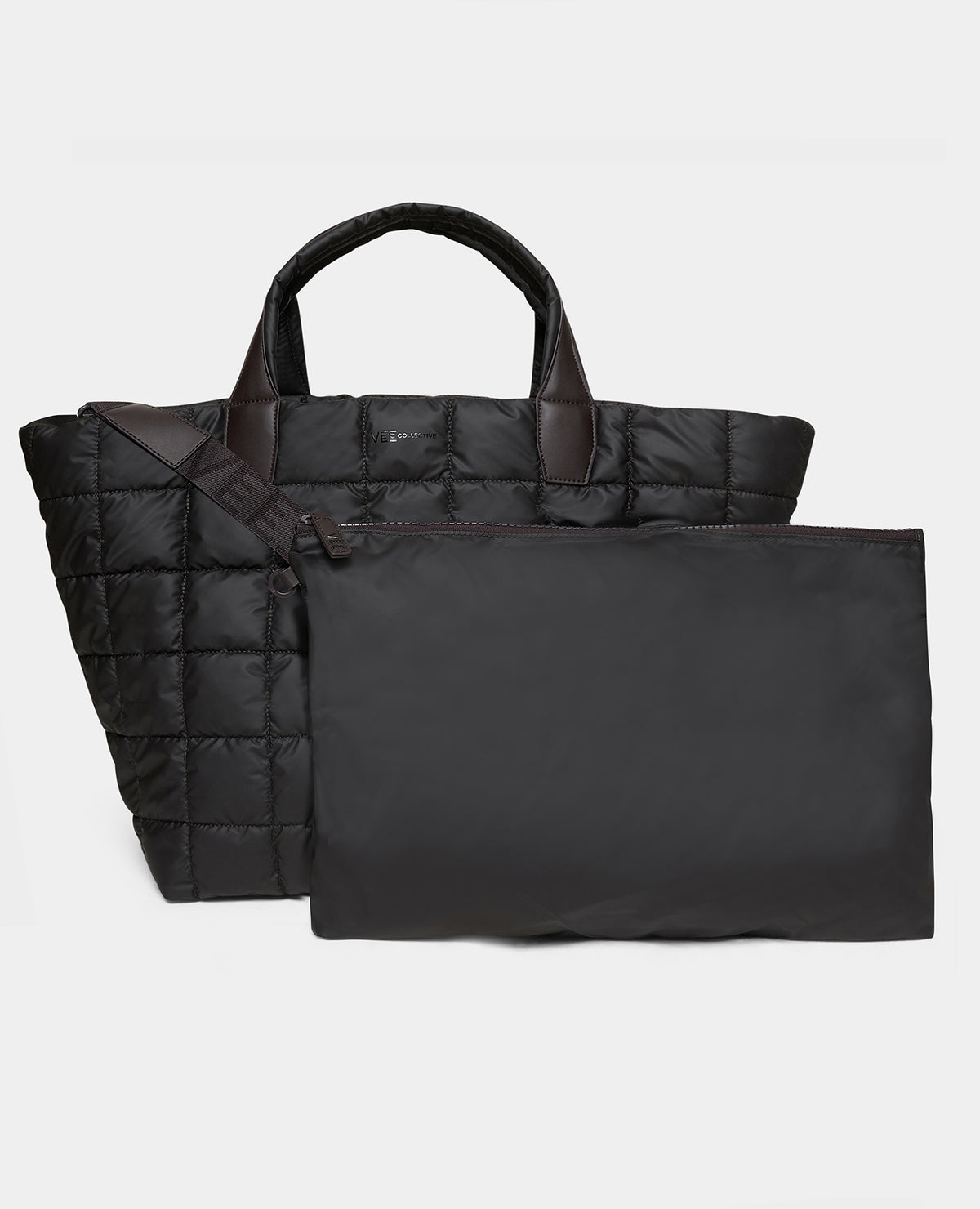 The porter weekender bag in espresso with dark brown handles, shown alongside a matching black nylon zippered pouch on a lwhite background.
