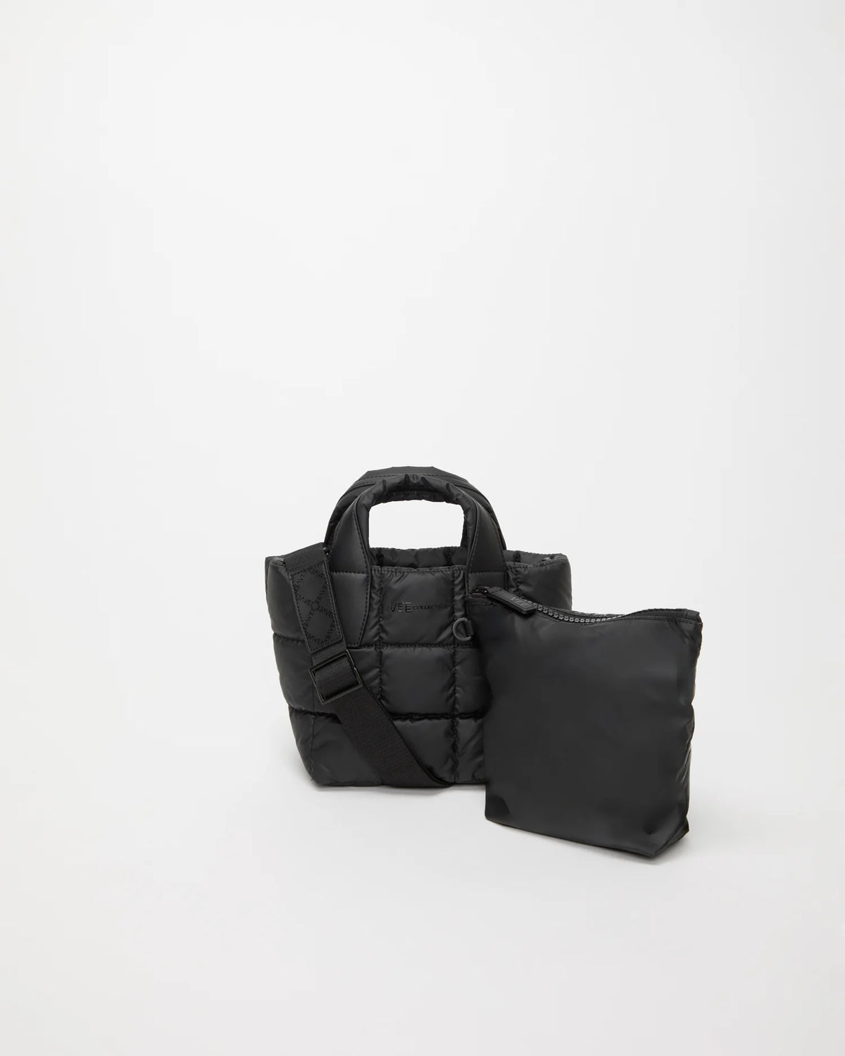 Front view of the Porter Tote Bag Mini in Matt Black, shown with its matching pouch and detachable strap.