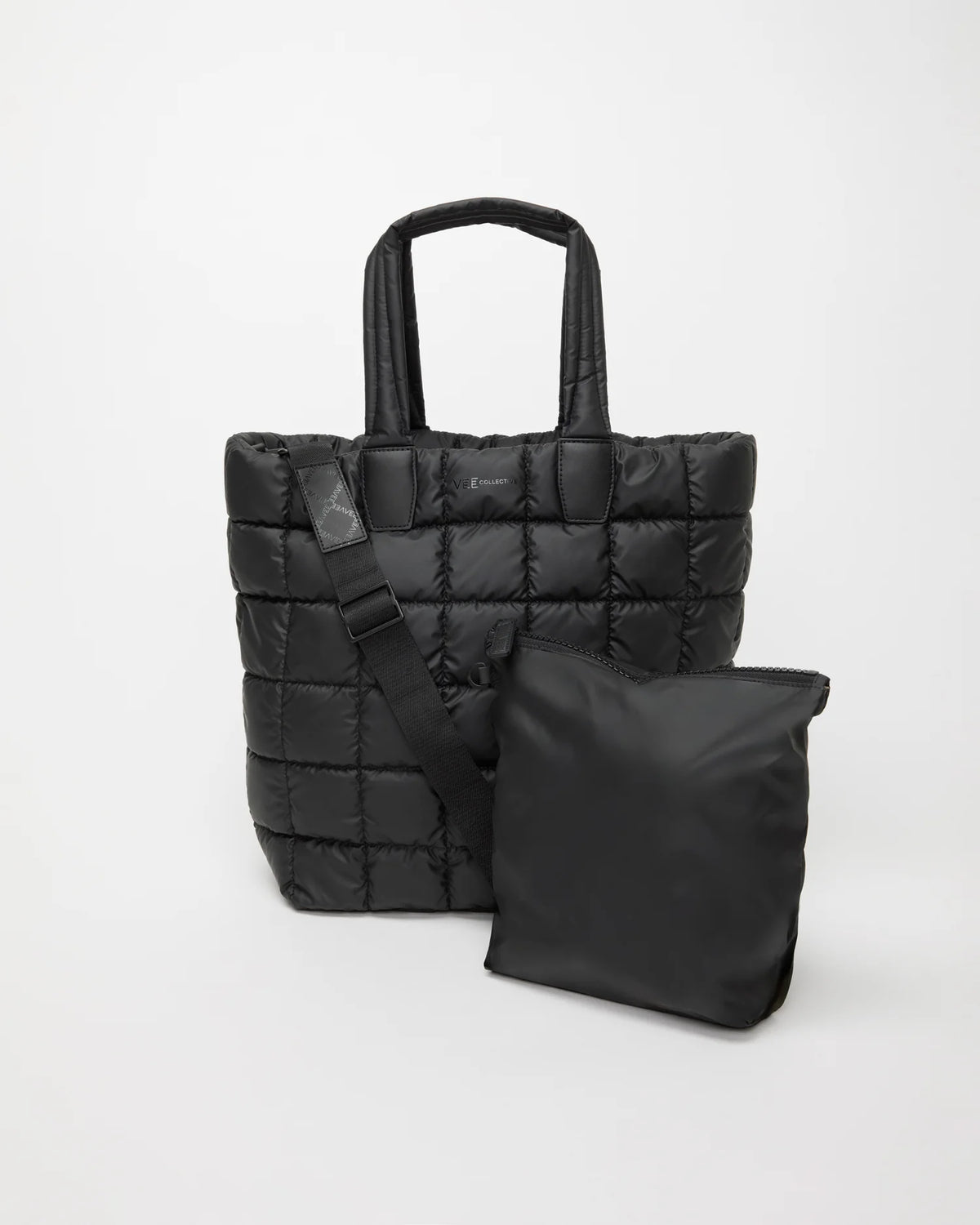 Front view of the Porter Shopper Bag in Matt Black by Vee Collective, shown with its matching pouch and detachable strap.