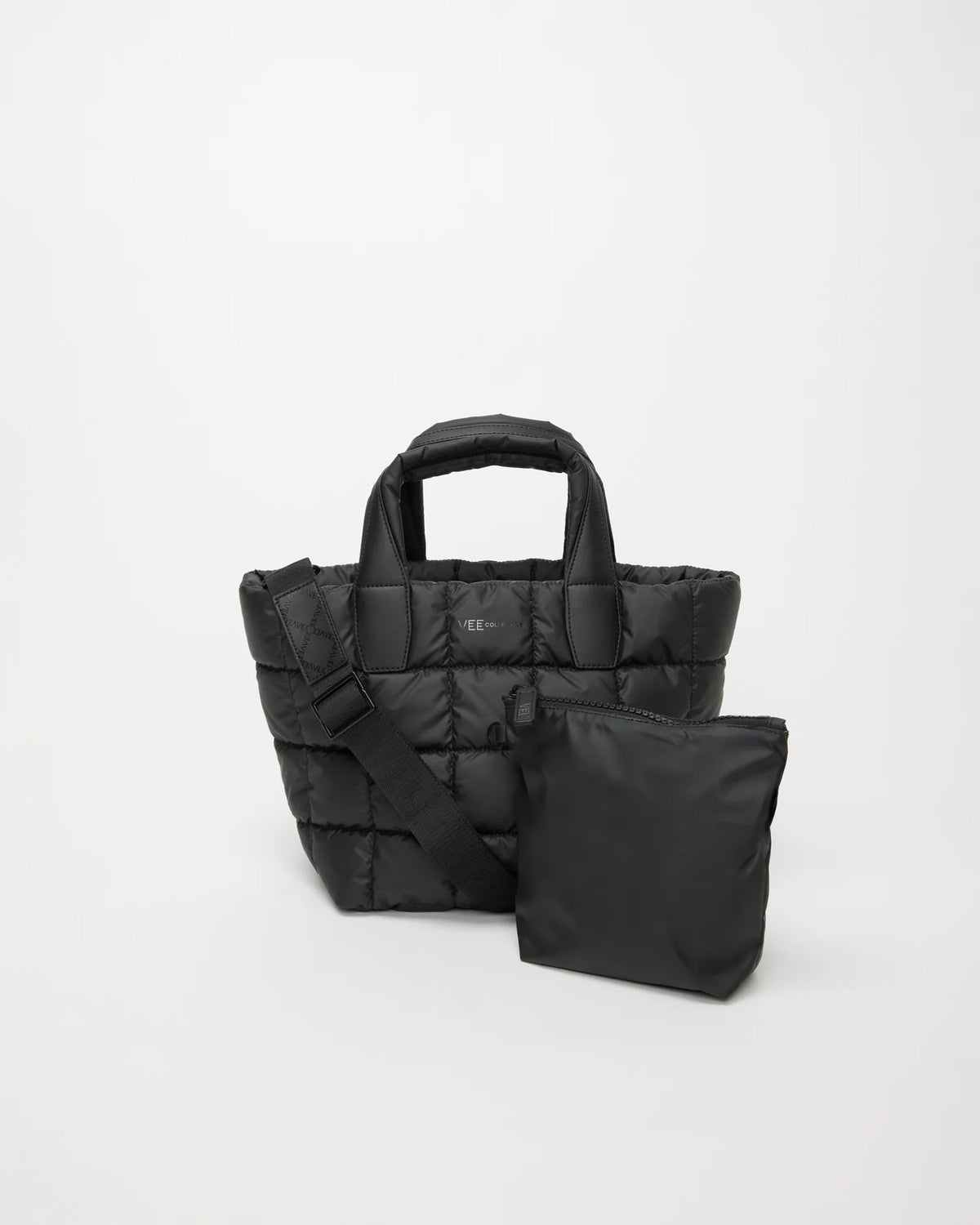 Front view of the Porter Tote Bag Small in Matt Black, shown with its matching pouch and detachable strap.