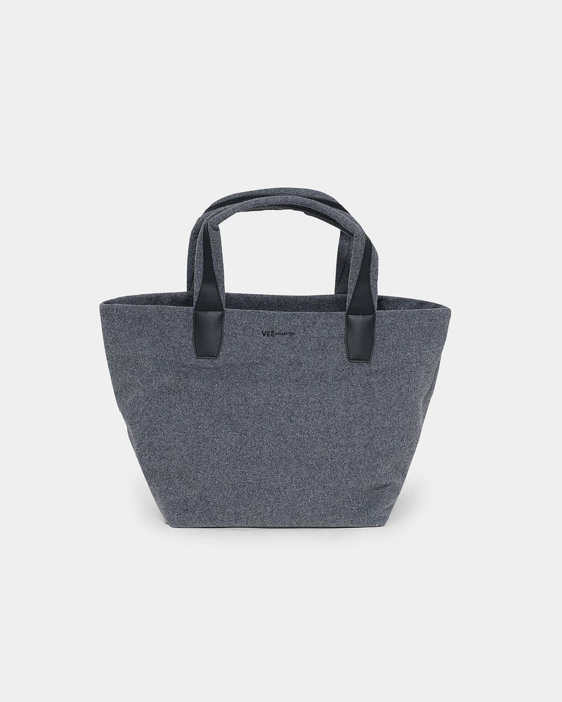 A dark gray woven tote bag with black handles, shown against a plain light gray background.