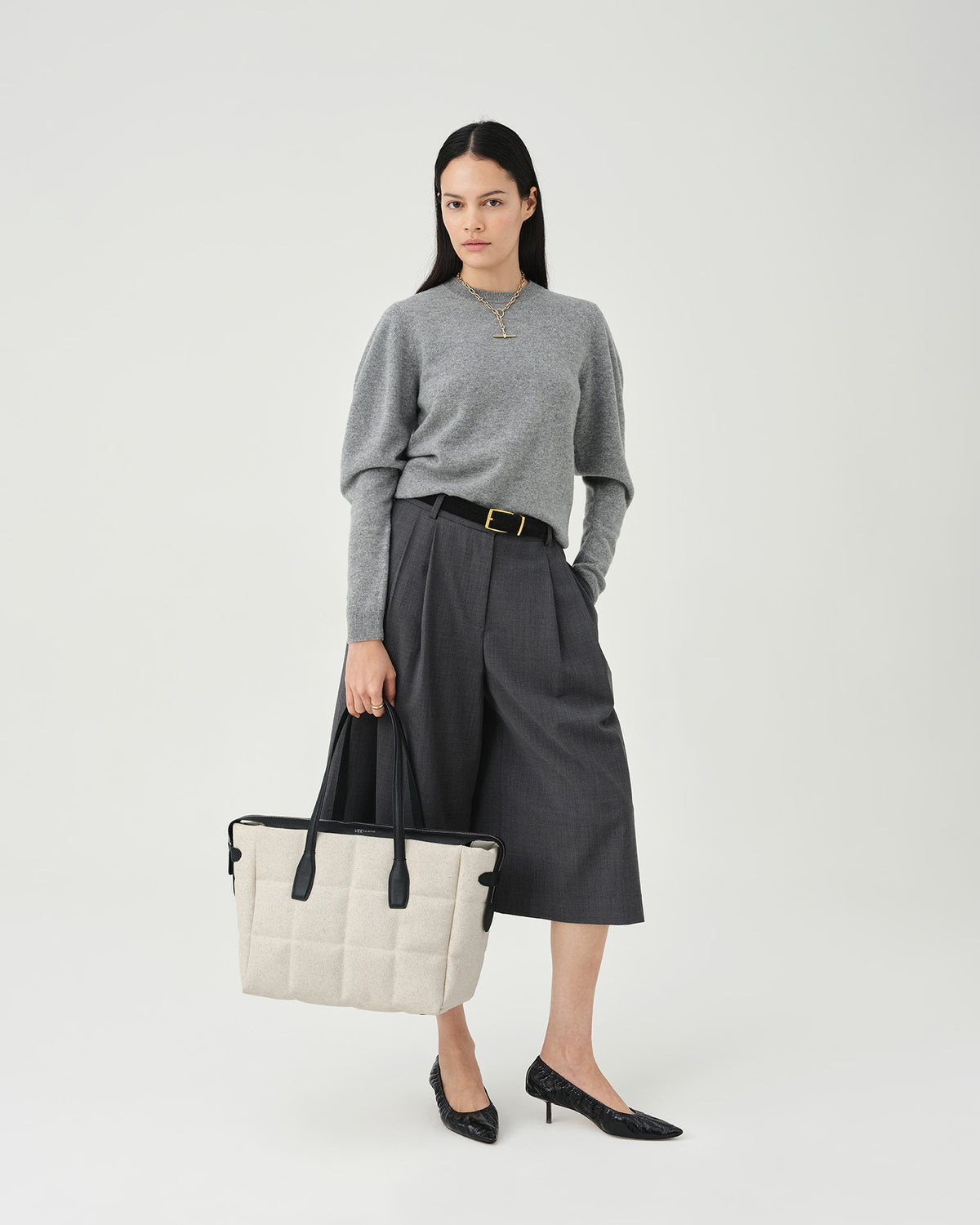 Tela Tote Medium Natural Black Canvas
