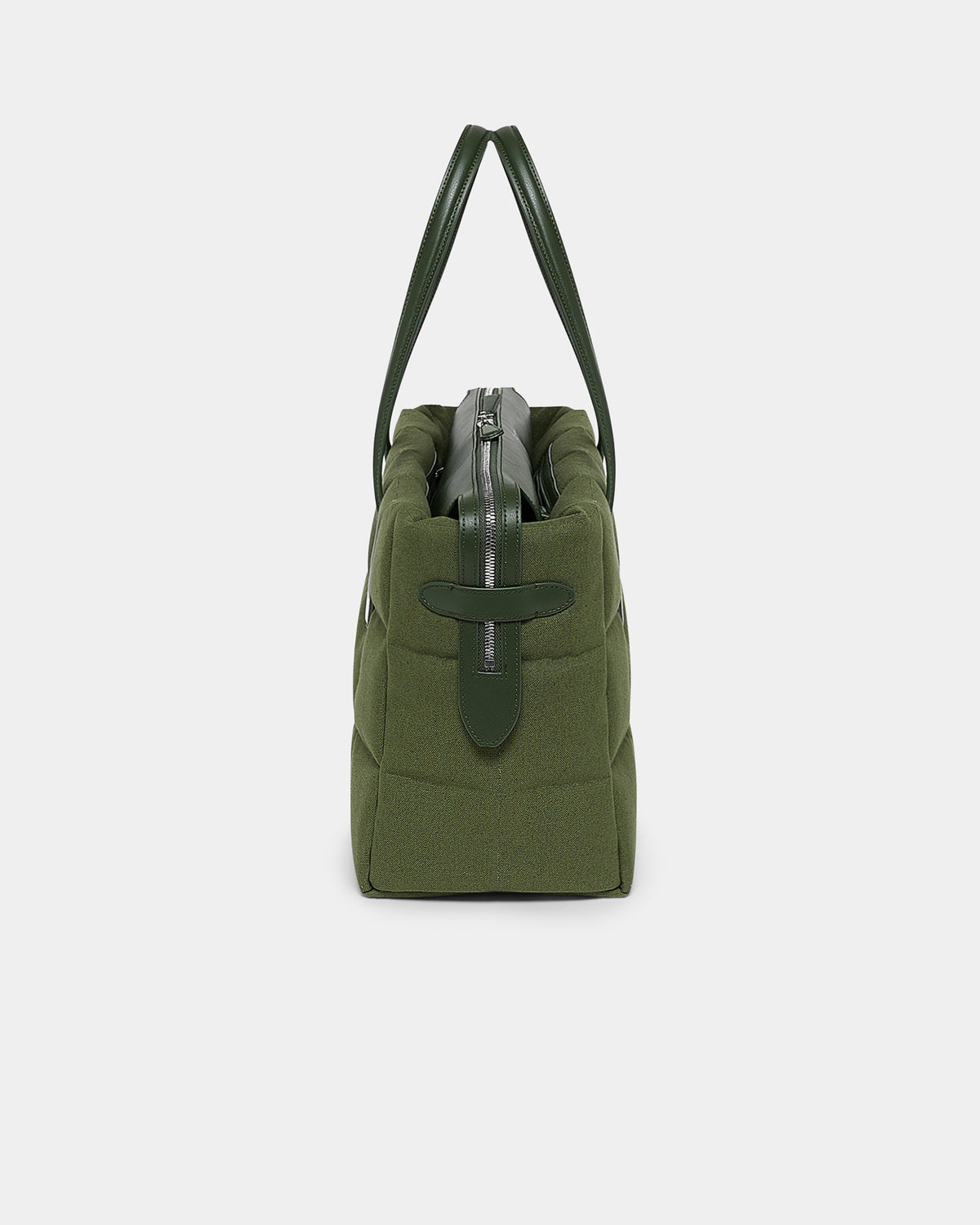 A three-quarter view of a olive Tela Tote bag displayed against a white background.