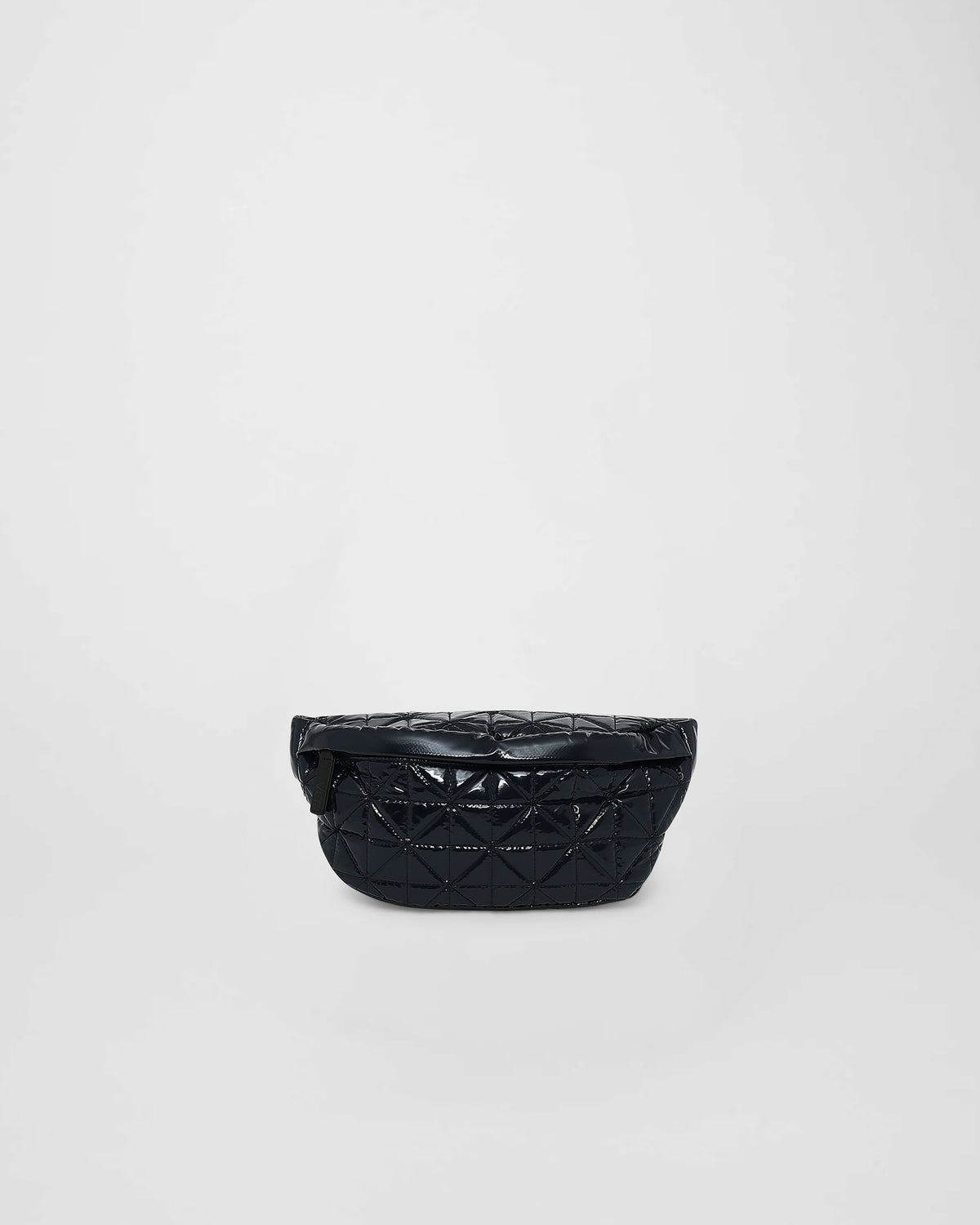 A sleek black fanny pack with a quilted triangle design and geometric stitching sits against a plain white background. The shiny vinyl material adds a modern touch, making it a stylish accessory for any outfit.