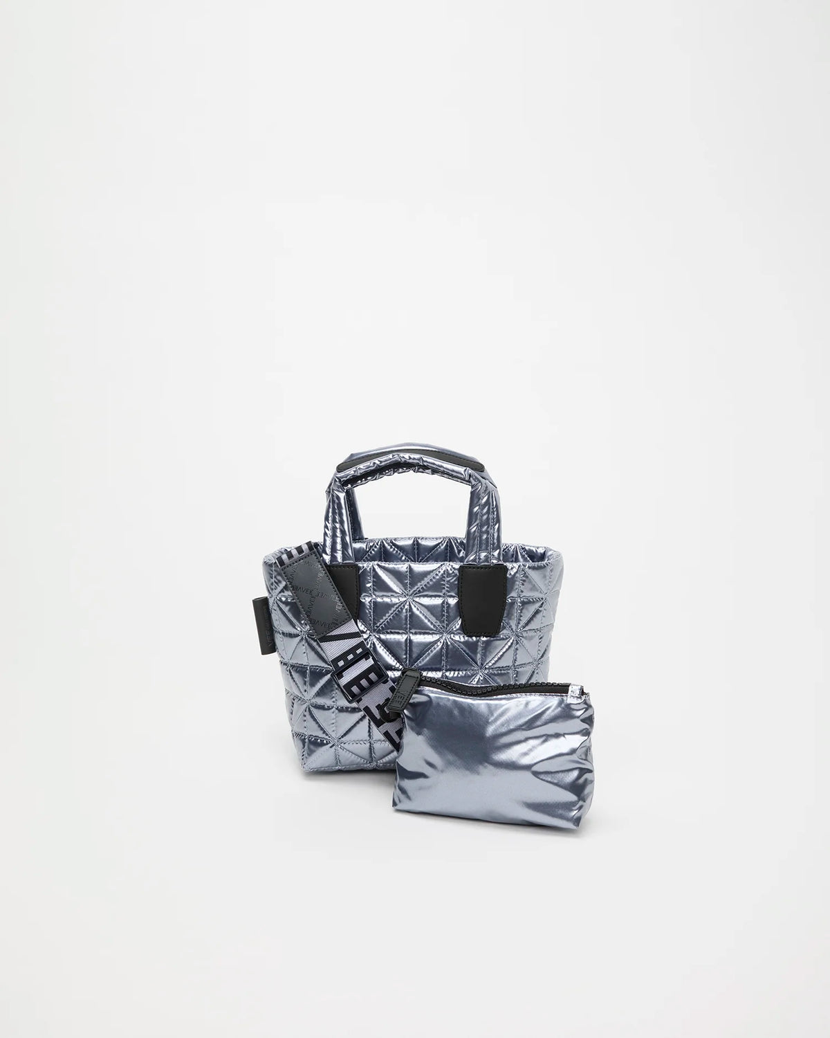 Vee Tote Mini icy silver with diamond quilted panels and top handles