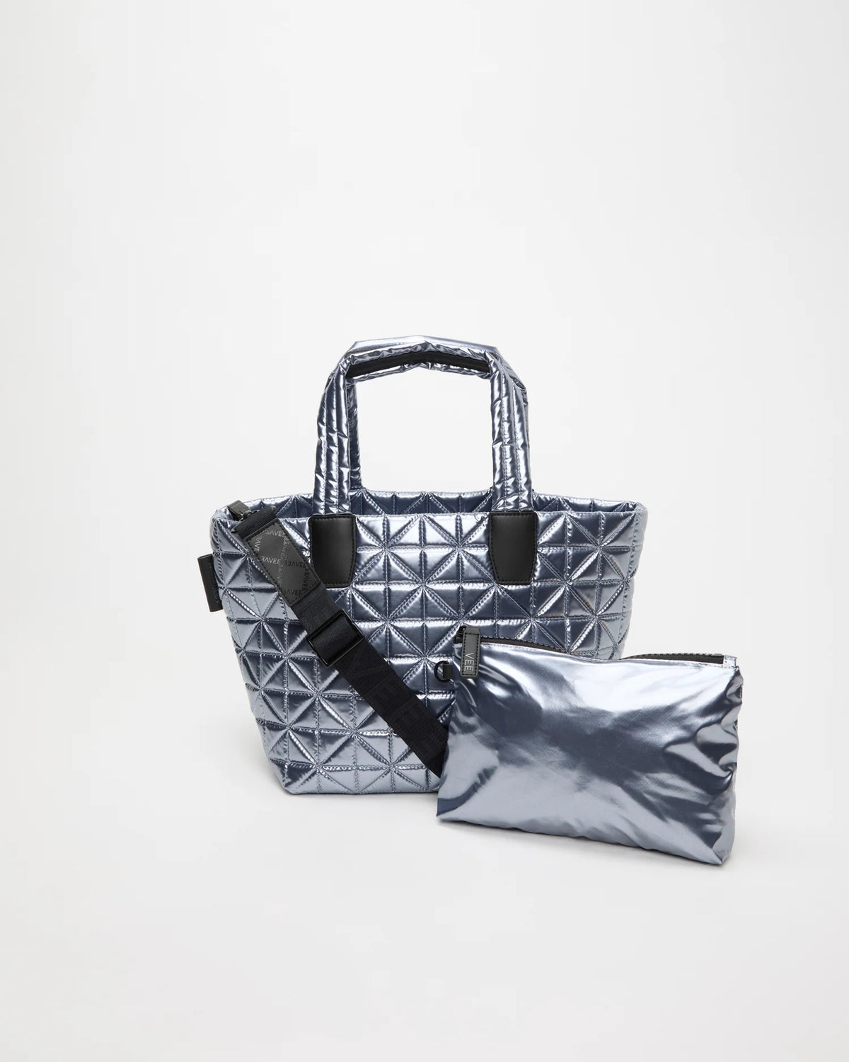 Front view of the Vee Tote Bag Small in Icy Silver, shown with its matching pouch and detachable strap.