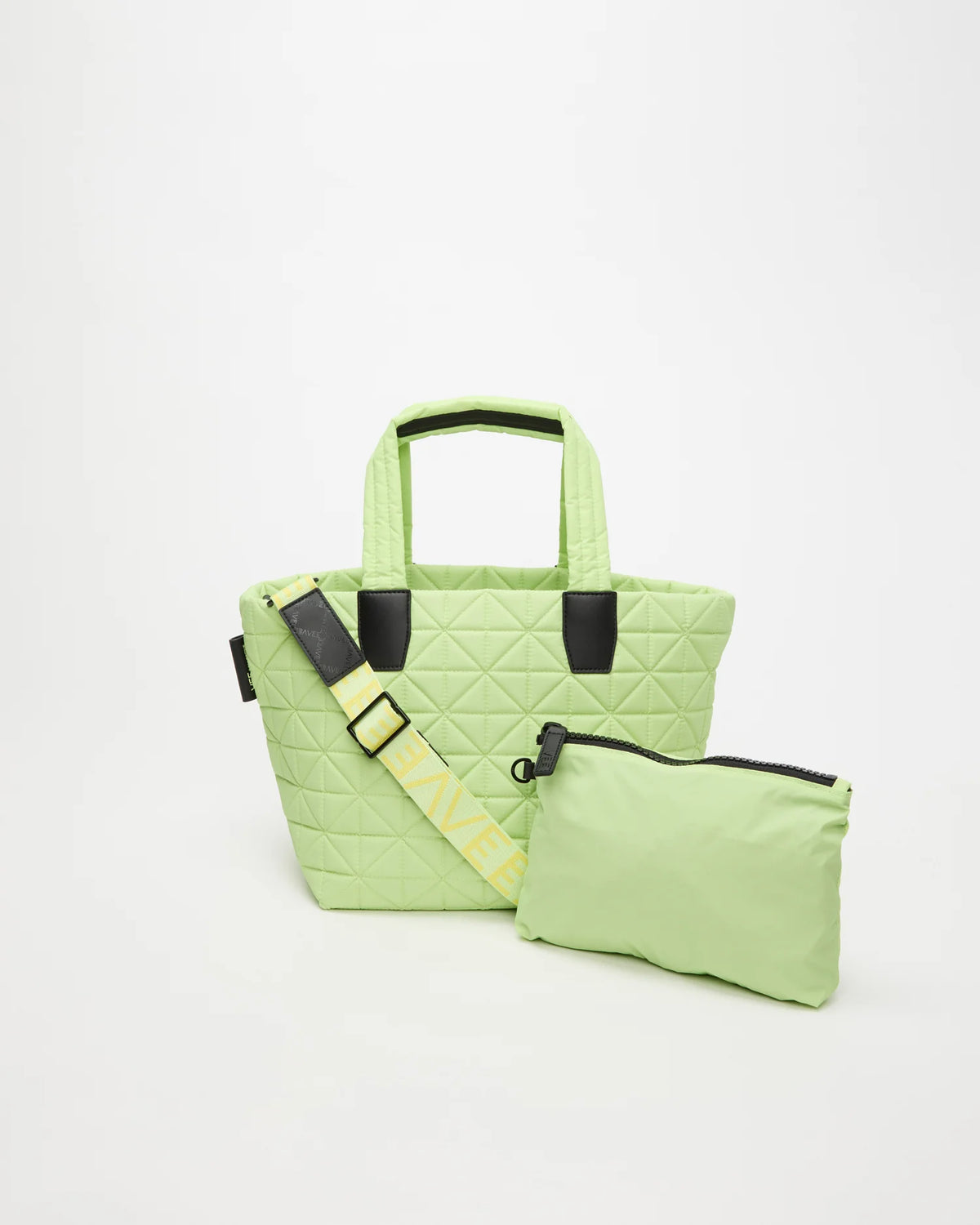 Front view of the Vee Tote Bag Small in Limelight, shown with its matching pouch and detachable strap.
