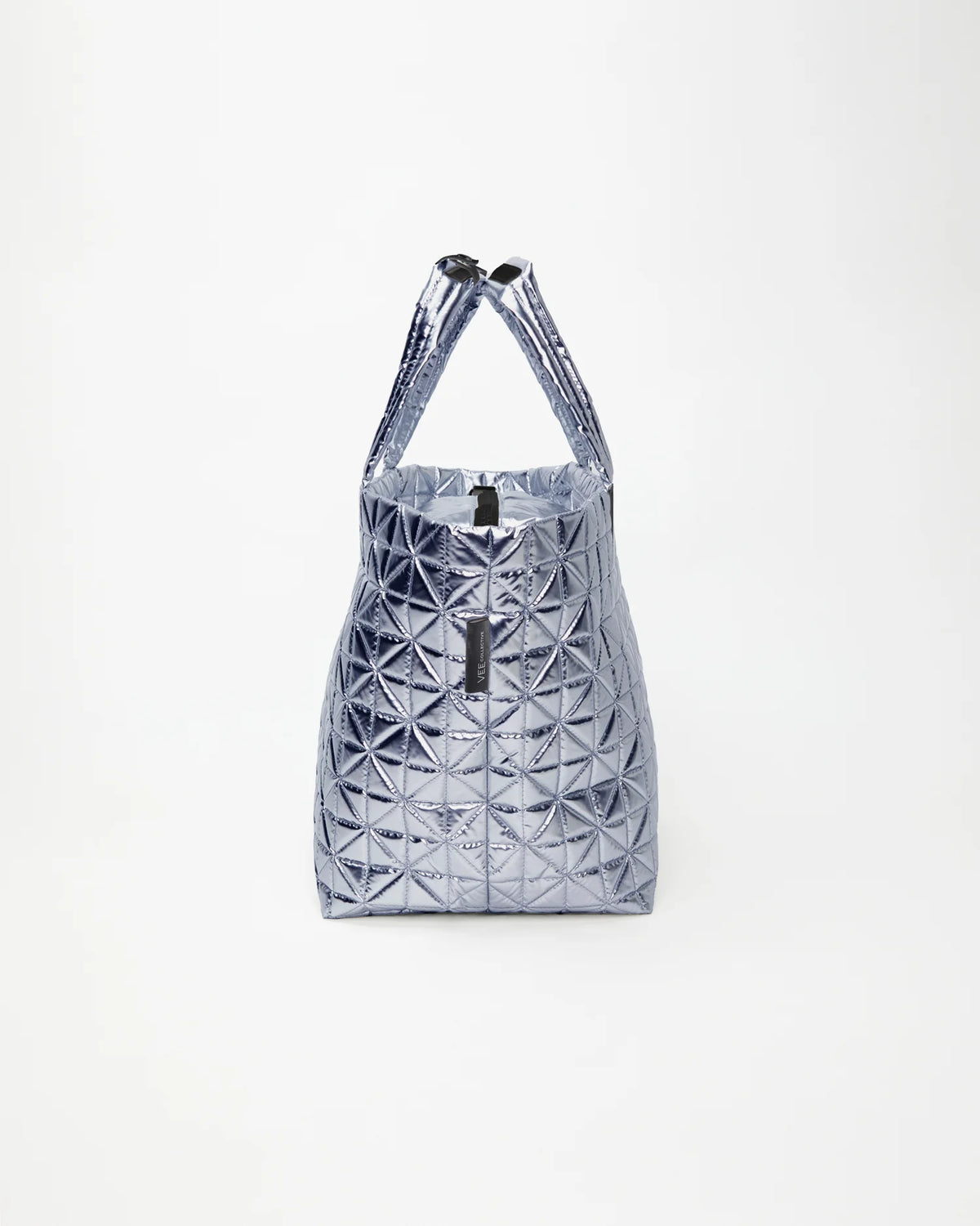 Side view of the Vee Weekender Bag in Icy Silver by Vee Collective.