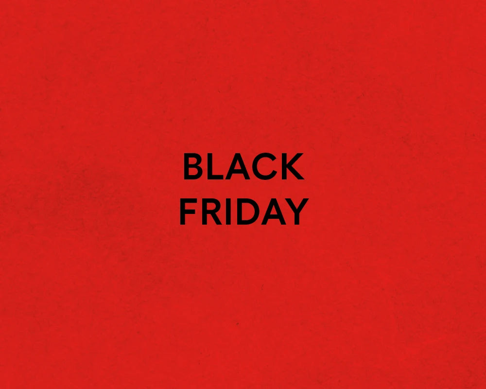 Black Friday text on red background.